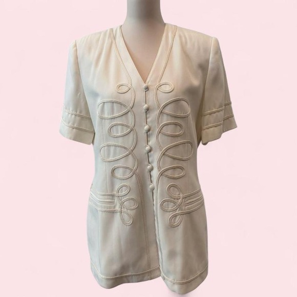 Chancelle Tops - Vintage Chancelle Cream Blouse Soutache Rope Detail Button Front Short Sleeve 12
